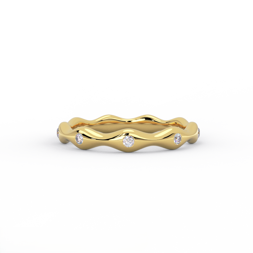 fluid wave diamond band ring solid 14k yellow gold bezel set diamonds front view