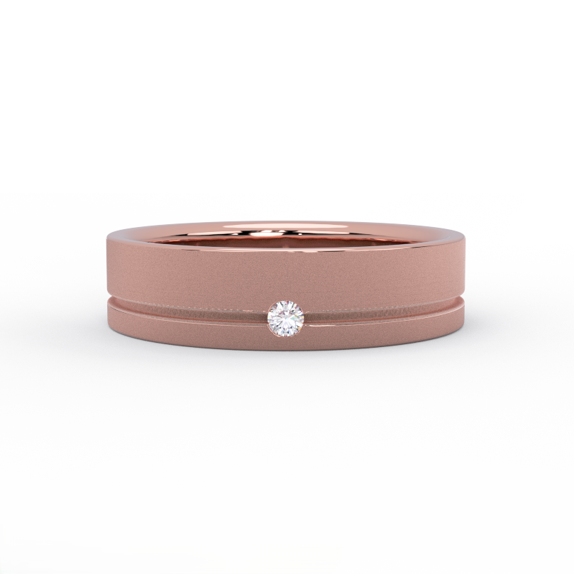 Men’s 5.5mm 14K rose gold diamond wedding band with brushed finish and interior engraving “Forged by Fire”