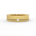 Men’s 5.5mm 14K yellow gold diamond wedding band with brushed finish and interior engraving “Forged by Fire”
