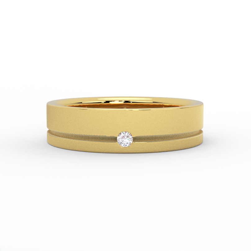 Men’s 5.5mm 14K yellow gold diamond wedding band with brushed finish and interior engraving “Forged by Fire”