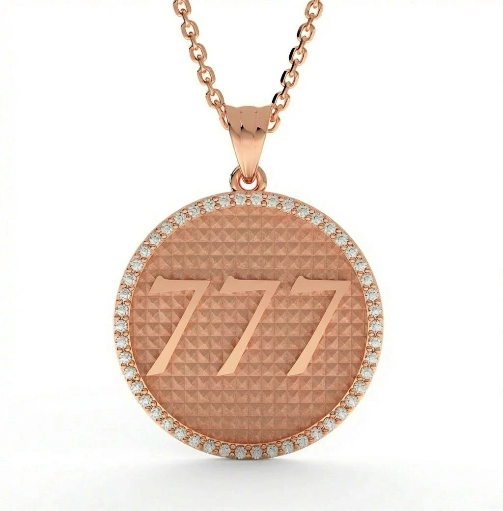 Fortuna 777 diamond medallion necklace back view in 14K rose gold featuring Greek key meander pattern engraving detail