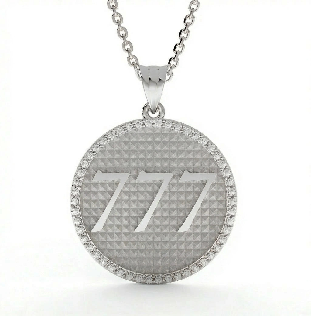 Fortuna 777 diamond medallion necklace in solid 14K white gold with Greek key engraving on the back, engravable pendant design
