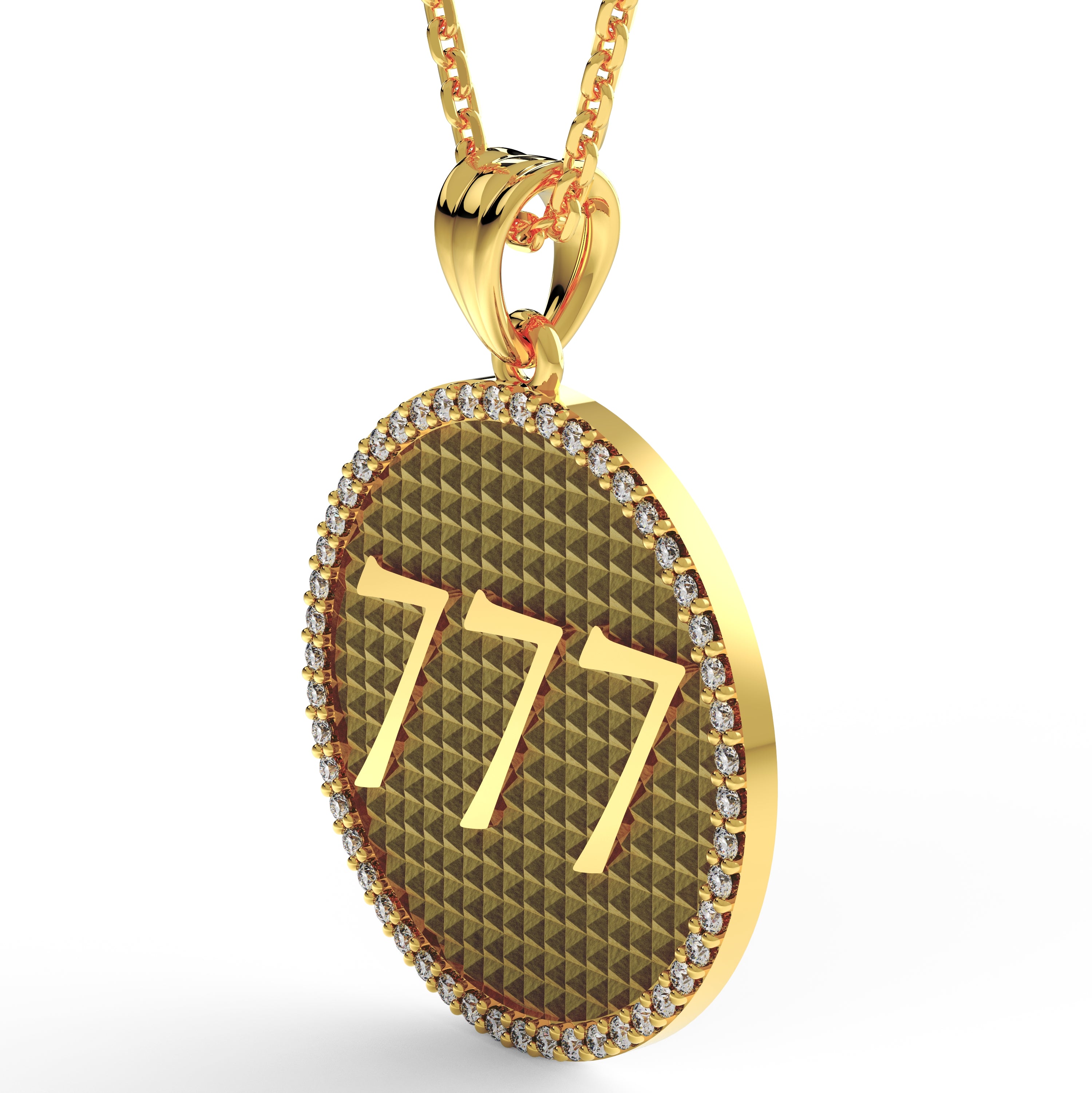 14K yellow gold Fortuna 777 diamond medallion necklace with engraved Greek key border on back, customizable pendant