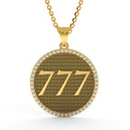 Fortuna 777 diamond medallion necklace back view in 14K yellow gold featuring Greek key meander pattern engraving detail