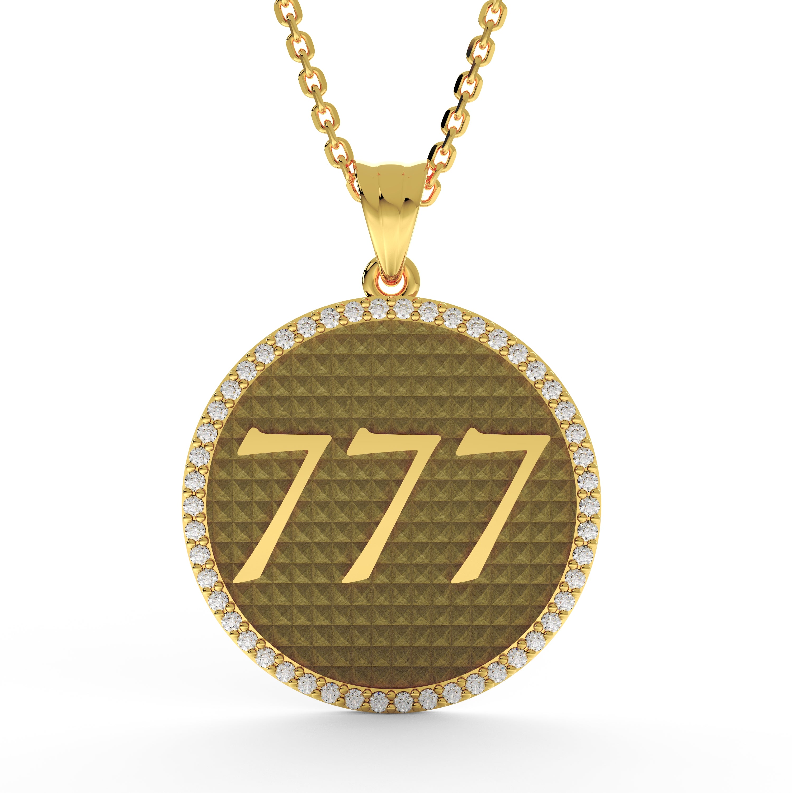 Fortuna 777 diamond medallion necklace back view in 14K yellow gold featuring Greek key meander pattern engraving detail