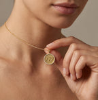 Fortuna 777 diamond medallion necklace in solid 14K yellow gold with Greek key engraving on the back, engravable pendant design