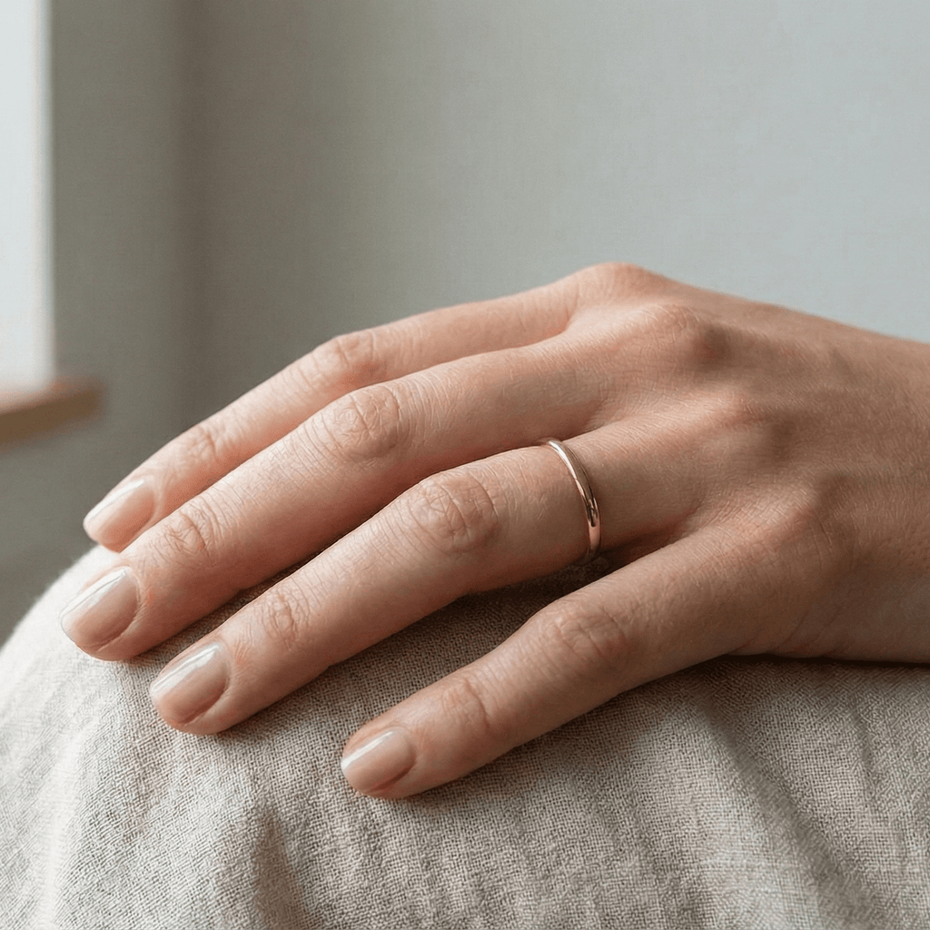 Woman wearing a 2mm 14K yellow gold low-dome wedding band on her hand, Fresh Meadows design, natural light lifestyle photo.