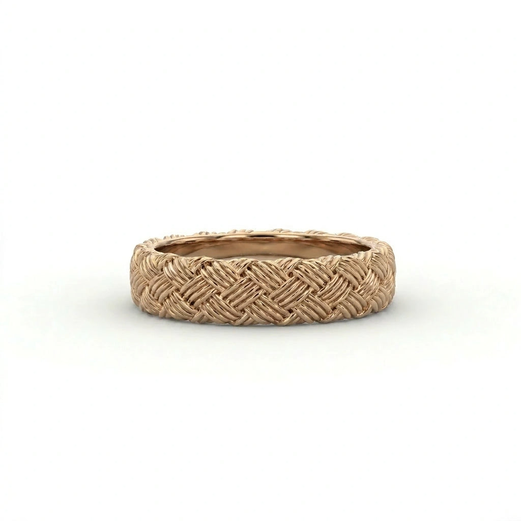 Gold basket weave wedding band in 14K brown gold, front view — Black Pearl of Queens