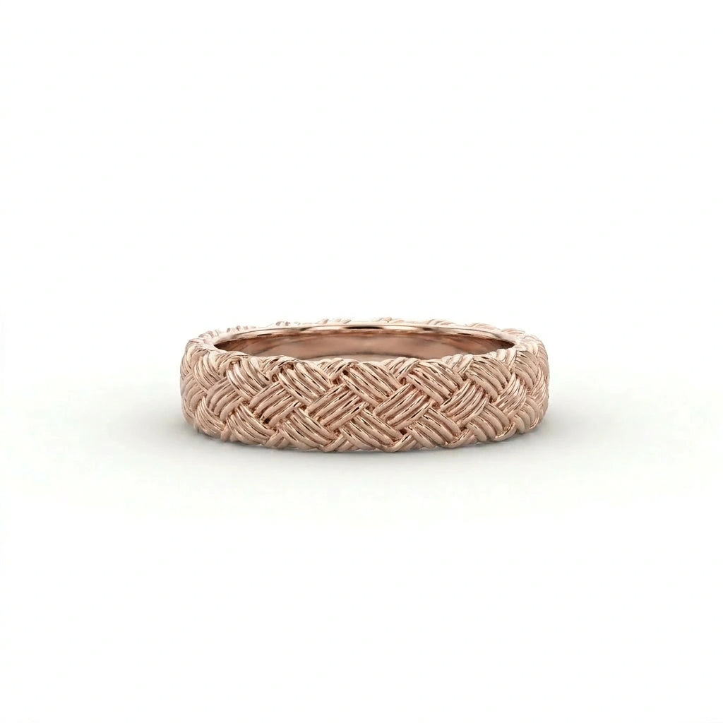 Gold basket weave wedding band in 14K rose gold, front view — Black Pearl of Queens