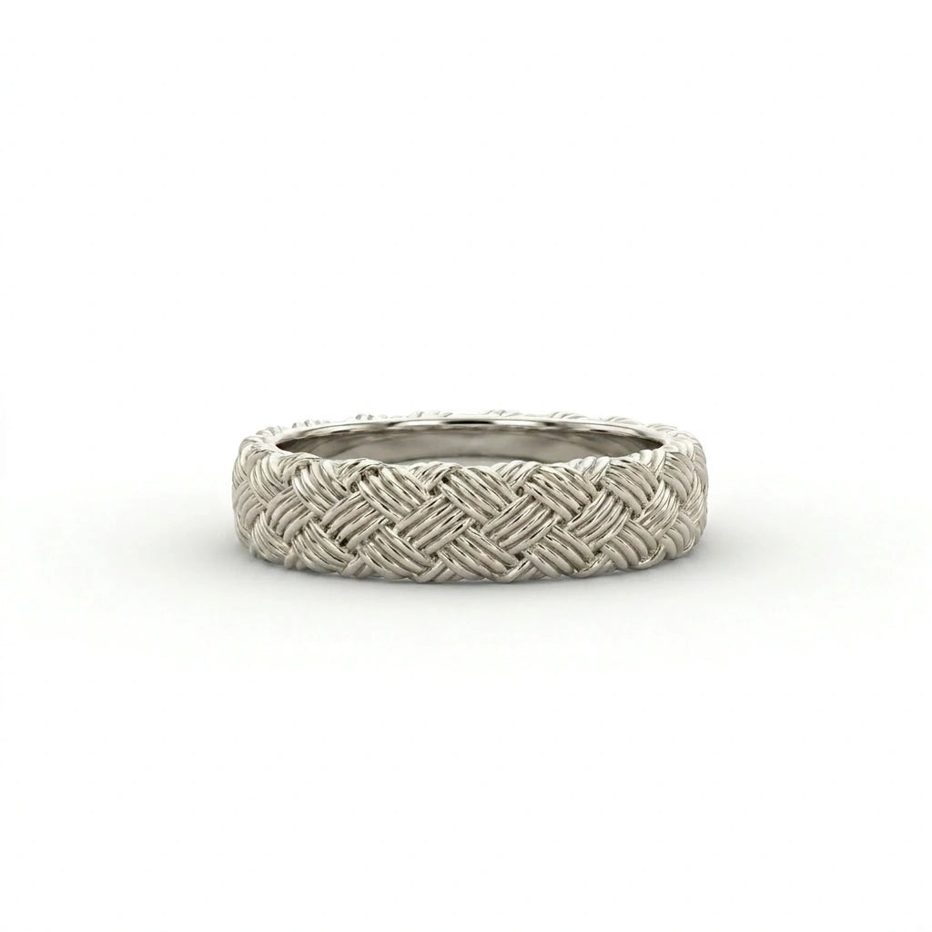 Gold basket weave wedding band in 14K white gold, front view — Black Pearl of Queens