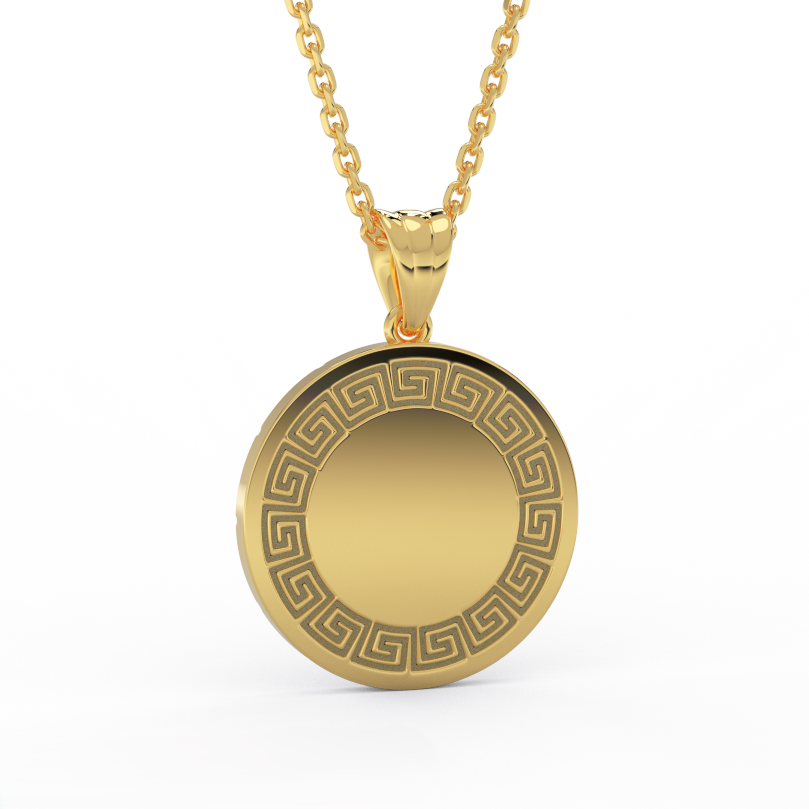 Zodiac medallion necklace with Greek key border