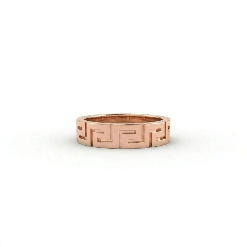 Greek key meander ring in solid 14K rose gold – front view showing deep relief carved meander pattern