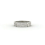 Greek key meander ring in solid 14K white gold – front view showing continuous interlocking pattern