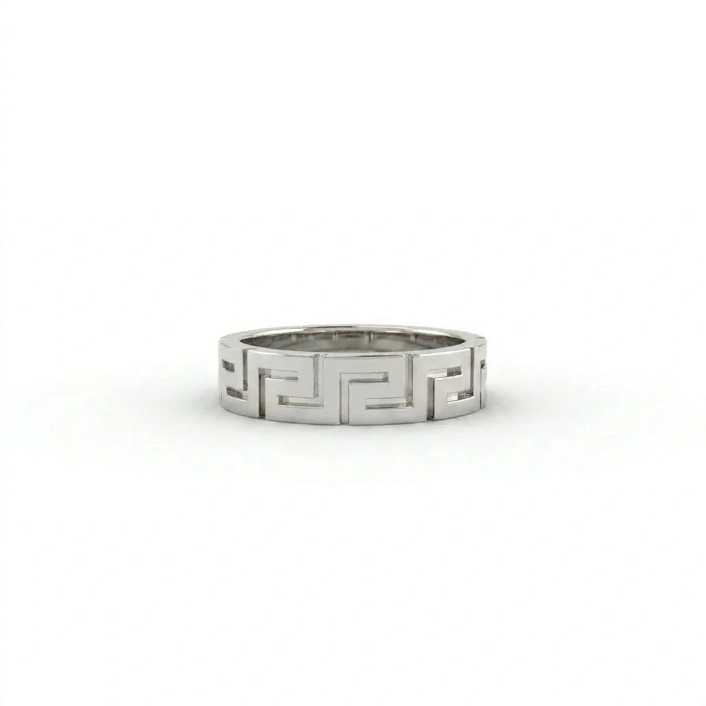 Greek key meander ring in solid 14K white gold – front view showing continuous interlocking pattern