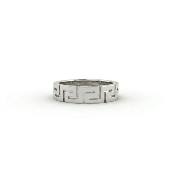 Greek key meander ring in solid 14K white gold – front view showing continuous interlocking pattern