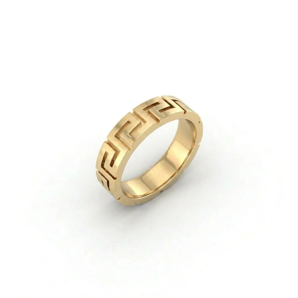 Angled view of Greek key meander wedding band in solid 14K yellow gold showing full ring depth and pattern detail