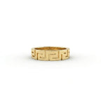 Greek key meander ring in solid 14K yellow gold – front view showing hand-finished Greek key design