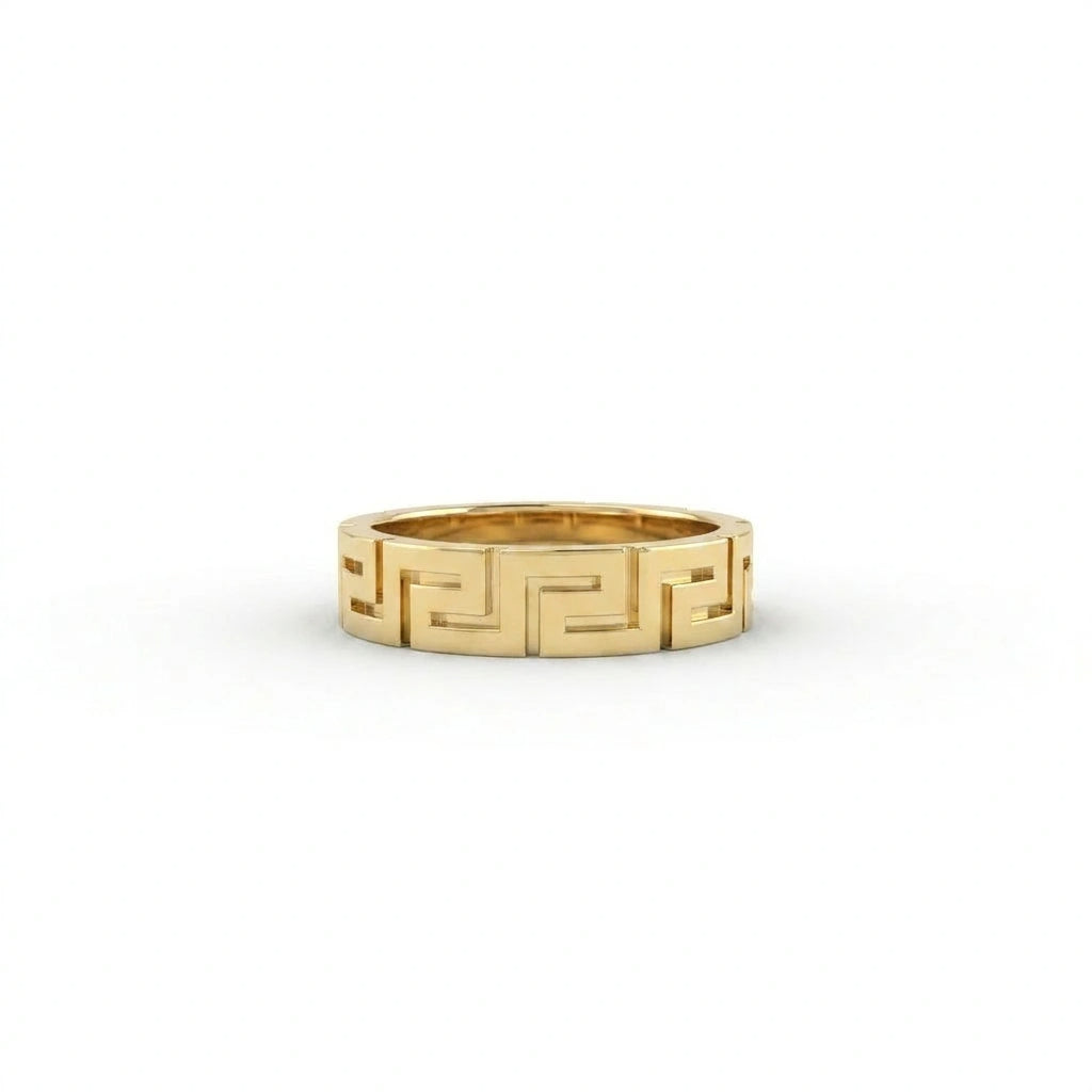 Greek key meander ring in solid 14K yellow gold – front view showing hand-finished Greek key design