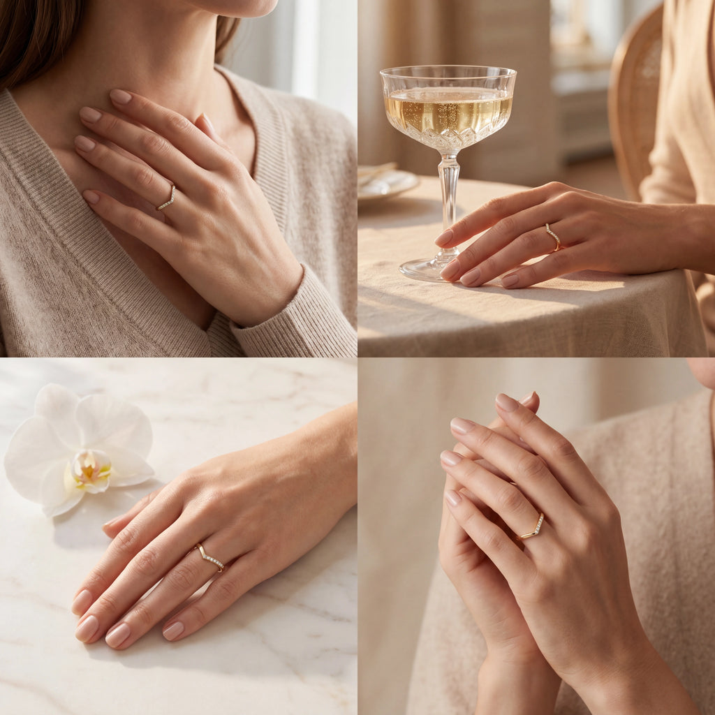 Half pavé wishbone Lab-Grown Diamond ring shown in four lifestyle settings — Black Pearl of Queens