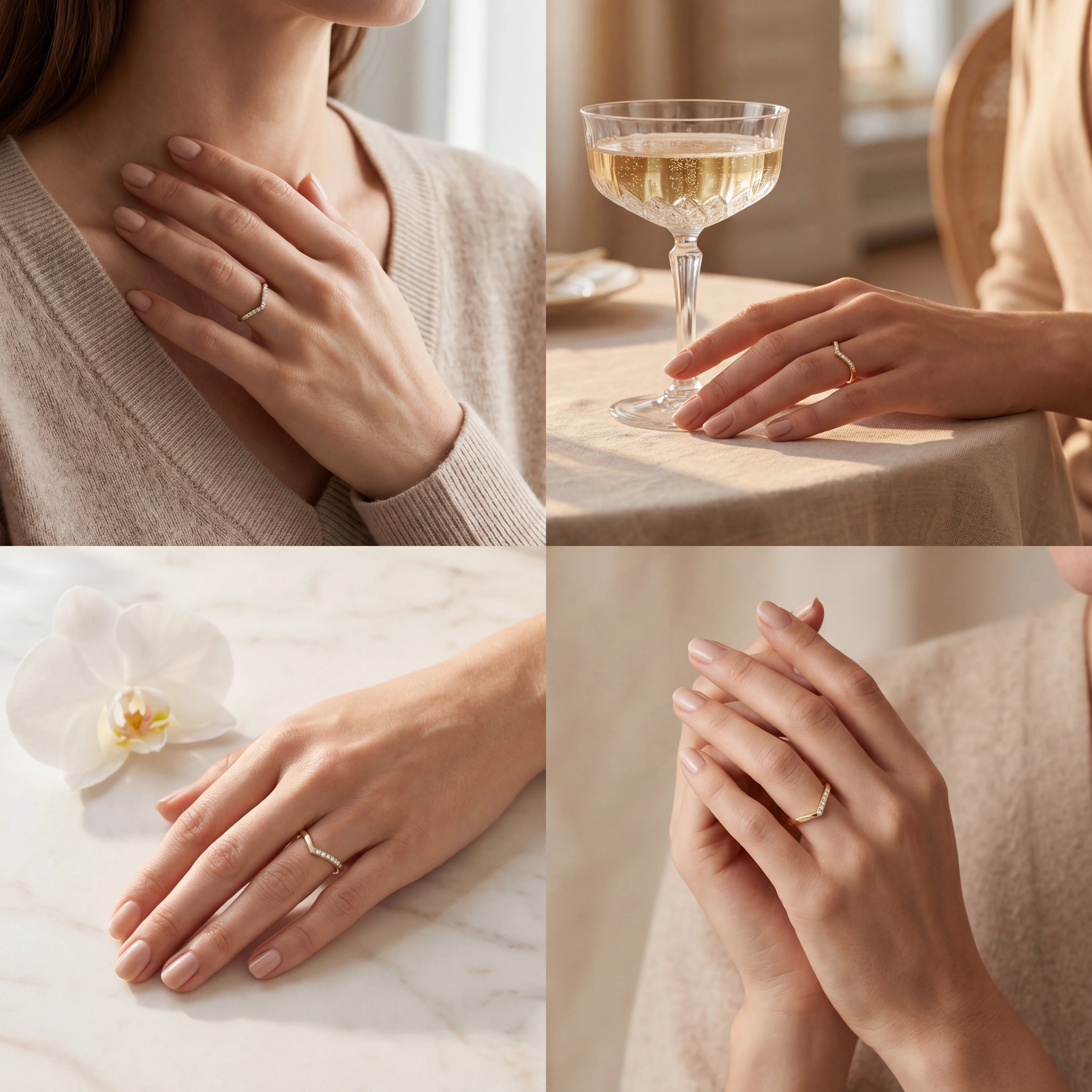 Half pavé wishbone Lab-Grown Diamond ring shown in four lifestyle settings — Black Pearl of Queens
