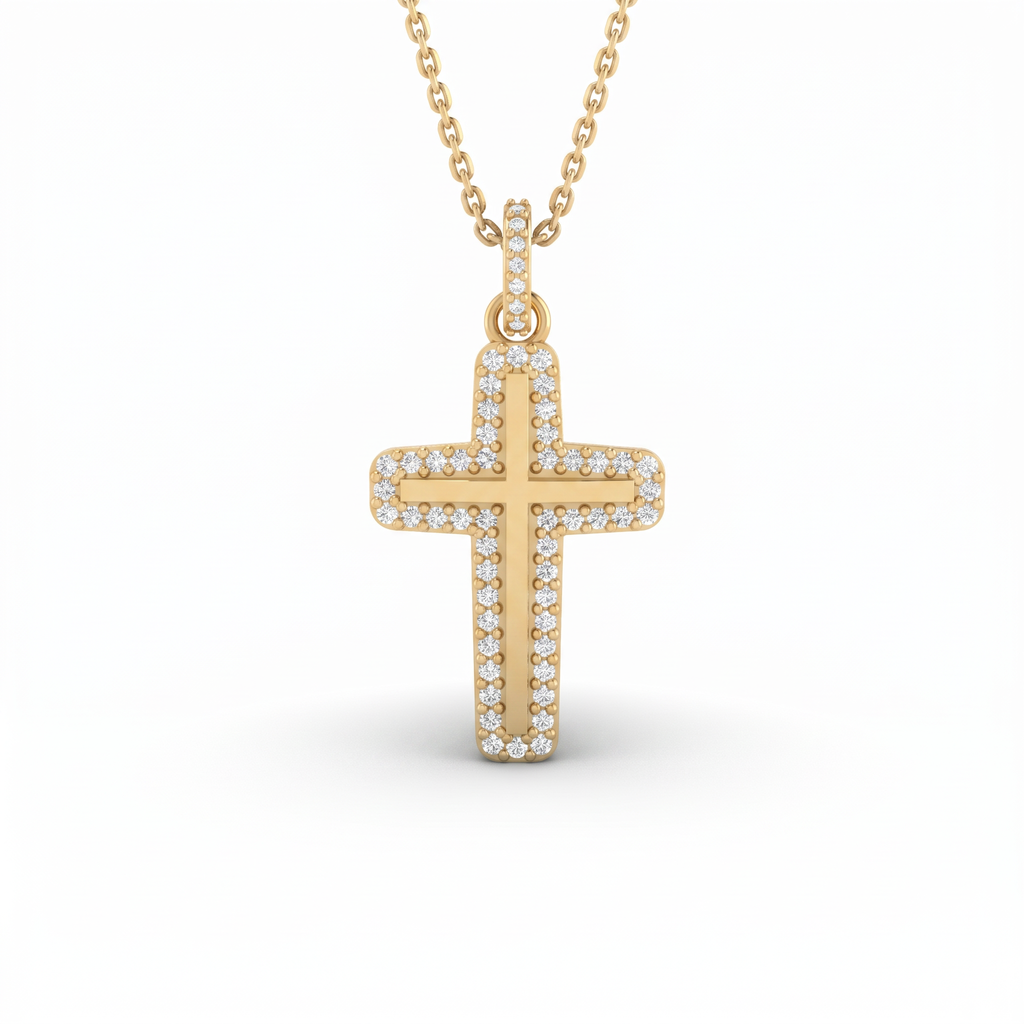 Halo Lab-Grown Diamond cross pendant with polished gold center and diamond bail in 14K yellow gold