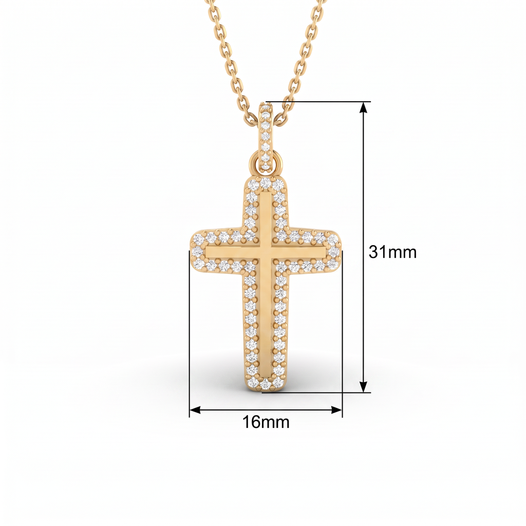 Halo Lab-Grown Diamond cross pendant size chart: 31mm tall with diamond bail, 16mm wide