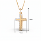 Halo Lab-Grown Diamond cross pendant size chart: 31mm tall with diamond bail, 16mm wide