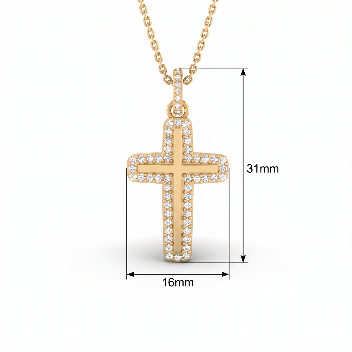 Halo Lab-Grown Diamond cross pendant size chart: 31mm tall with diamond bail, 16mm wide
