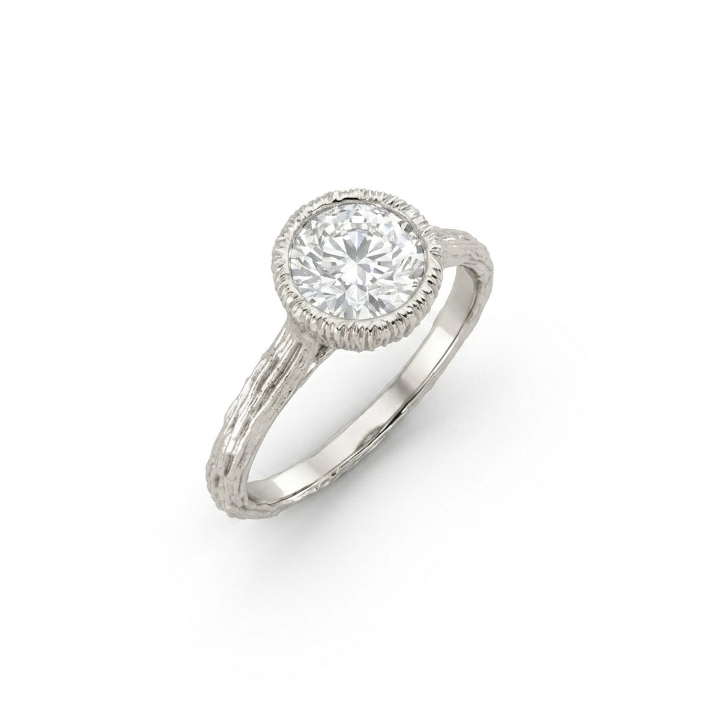 Hand-carved branch engagement ring with round Lab-Grown Diamond, made to order in Queens, NYC
