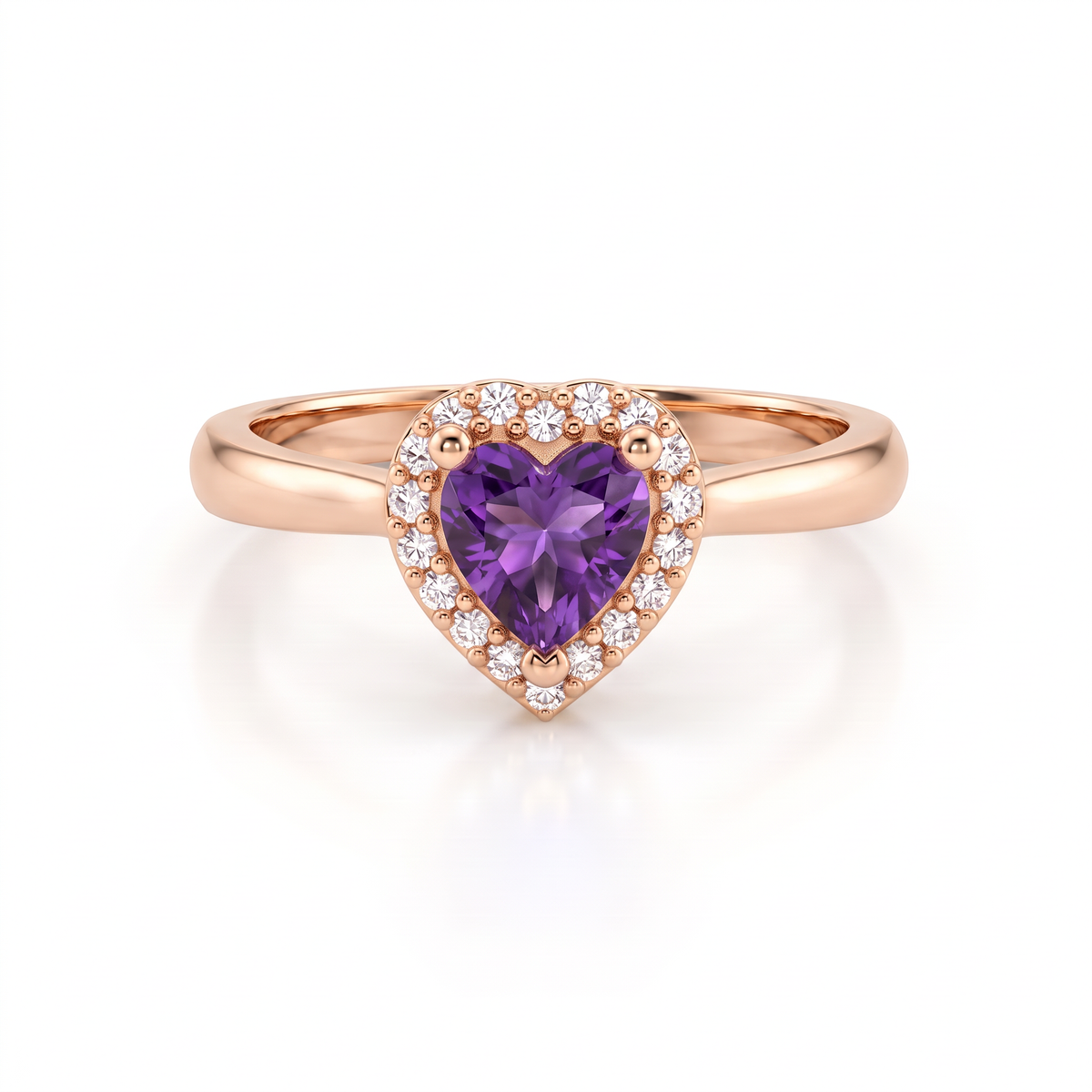 Heart-shaped Lab-Created Amethyst halo ring with Lab-Grown Diamonds in 14K rose gold, front view