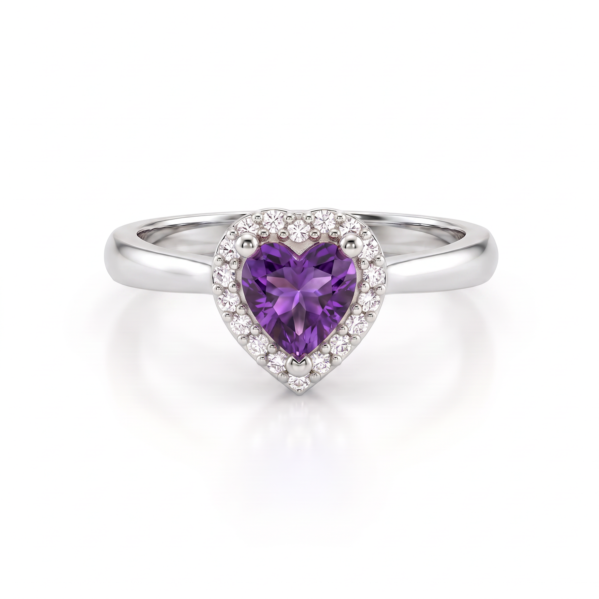 Heart-shaped Lab-Created Amethyst halo ring with Lab-Grown Diamonds in 14K white gold, front view