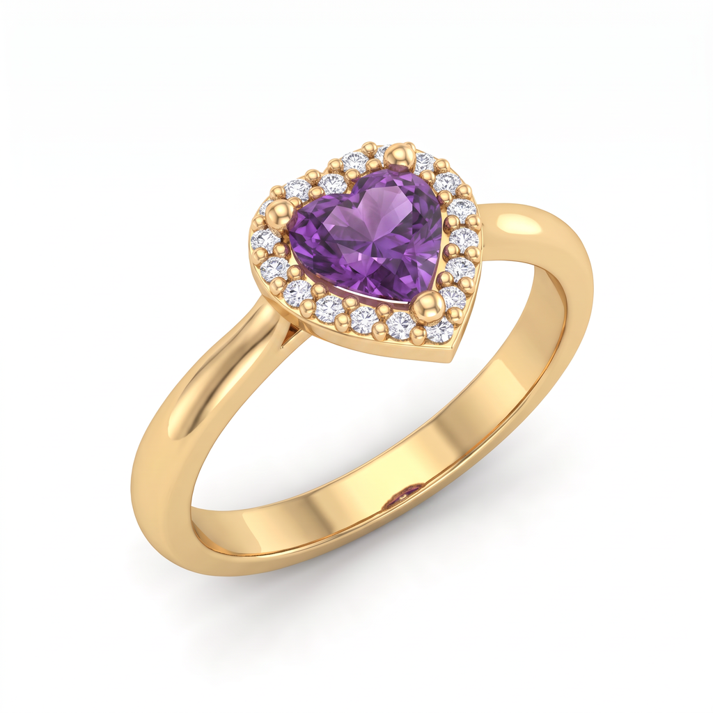 Angled view of a heart-shaped Lab-Created Amethyst halo ring on a 2.5mm 14K yellow gold band
