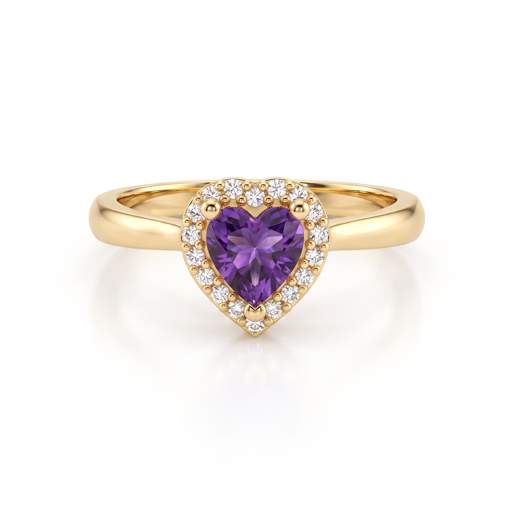 Heart-shaped Lab-Created Amethyst halo ring with Lab-Grown Diamonds in 14K yellow gold, front view