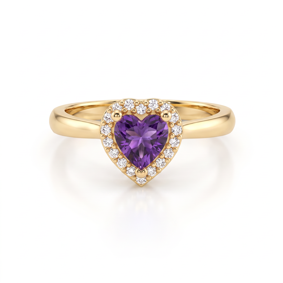 Heart-shaped Lab-Created Amethyst halo ring with Lab-Grown Diamonds in 14K yellow gold, front view