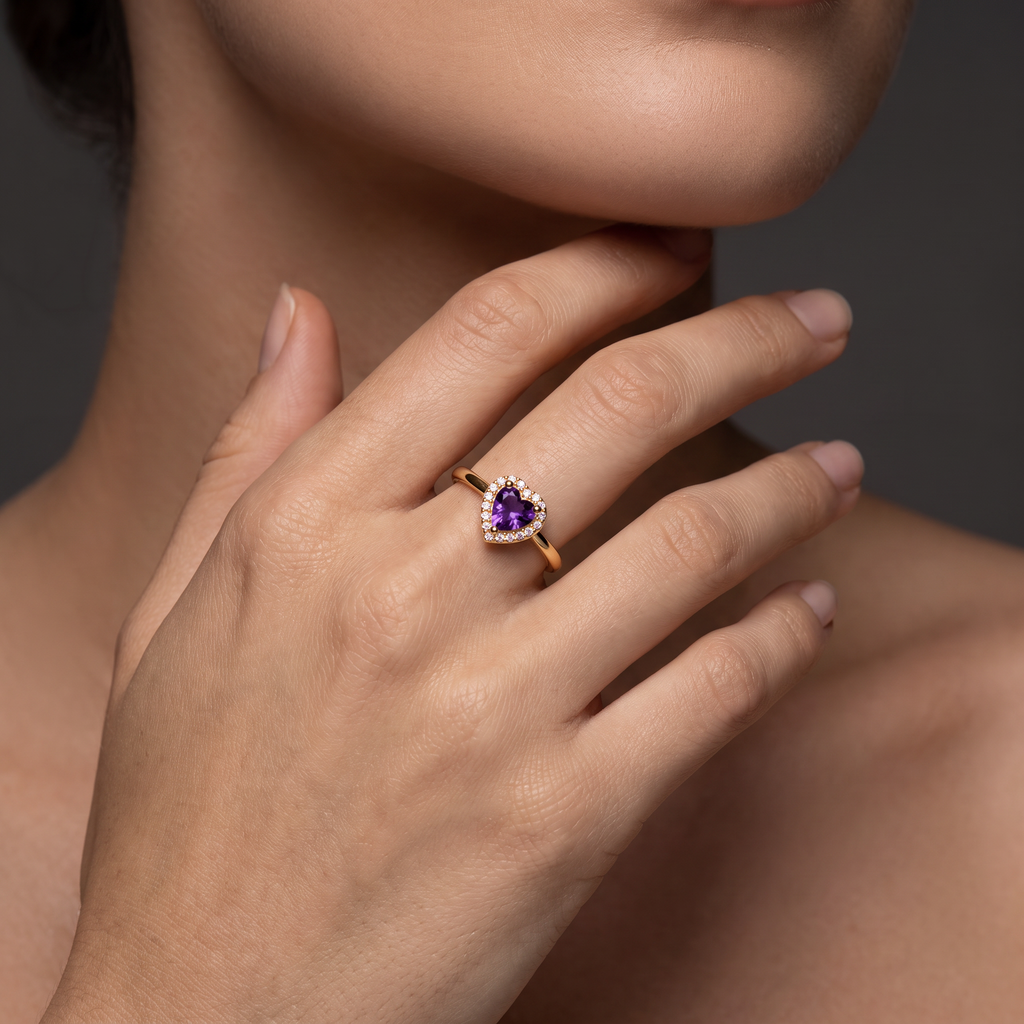Heart-shaped Lab-Created Amethyst halo ring in 14K gold worn on the hand