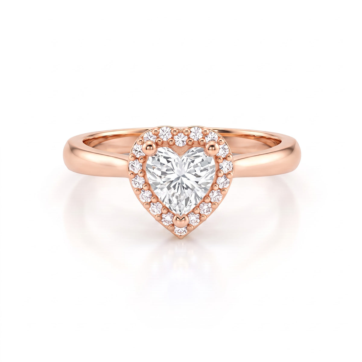 Heart-shaped Lab-Grown Diamond halo ring in 14K rose gold, front view