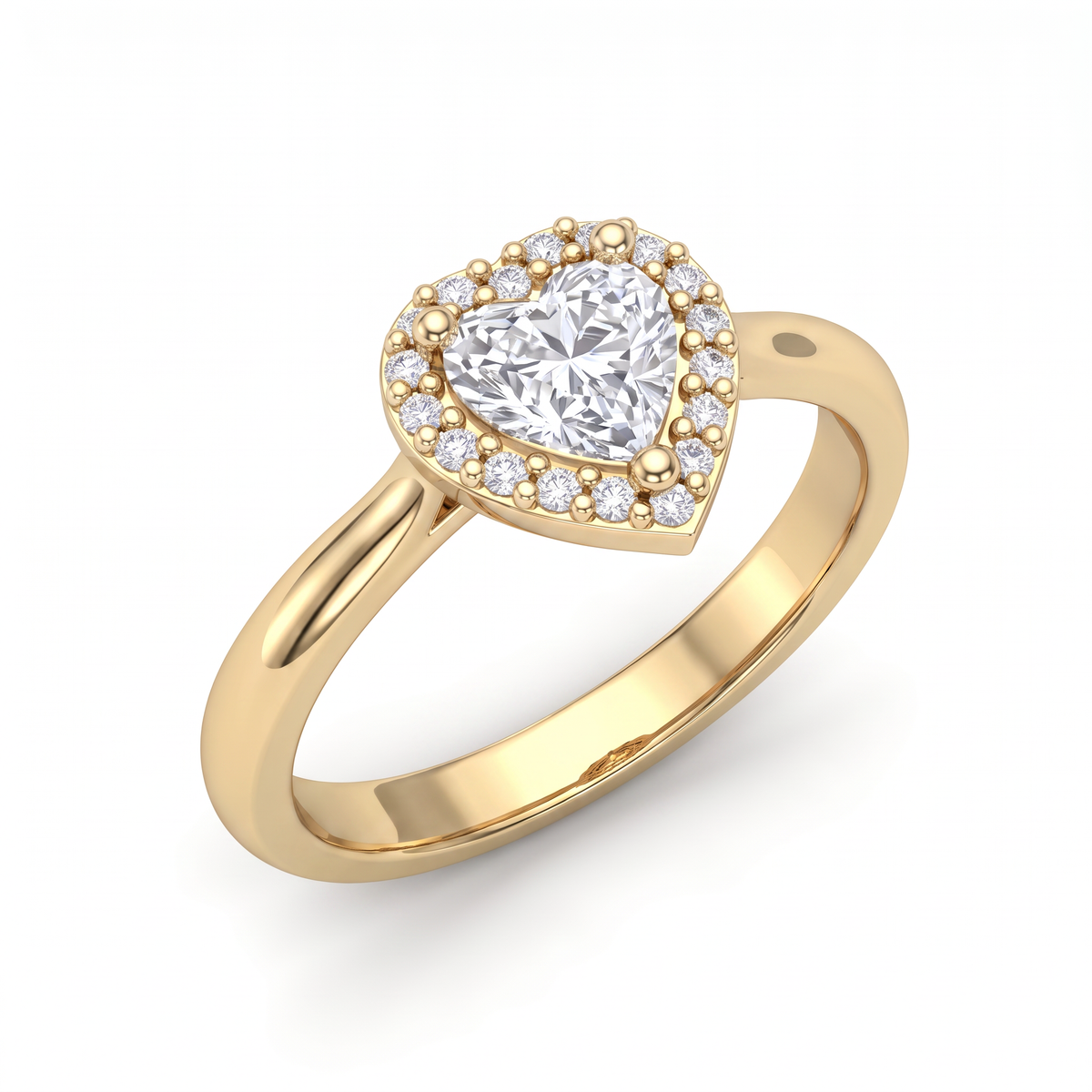 Angled view of a heart-shaped Lab-Grown Diamond halo ring on a 2.5mm 14K yellow gold band