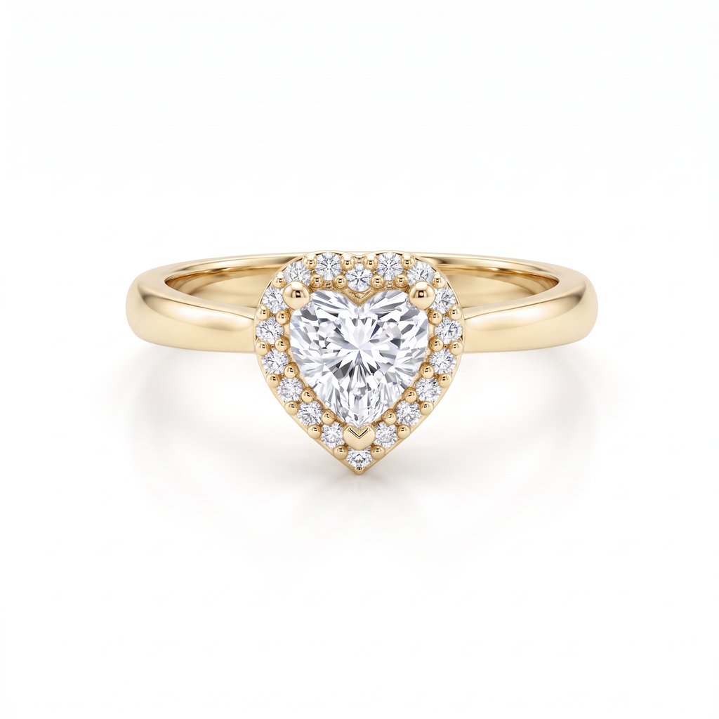 Heart-shaped Lab-Grown Diamond halo ring in 14K yellow gold, front view