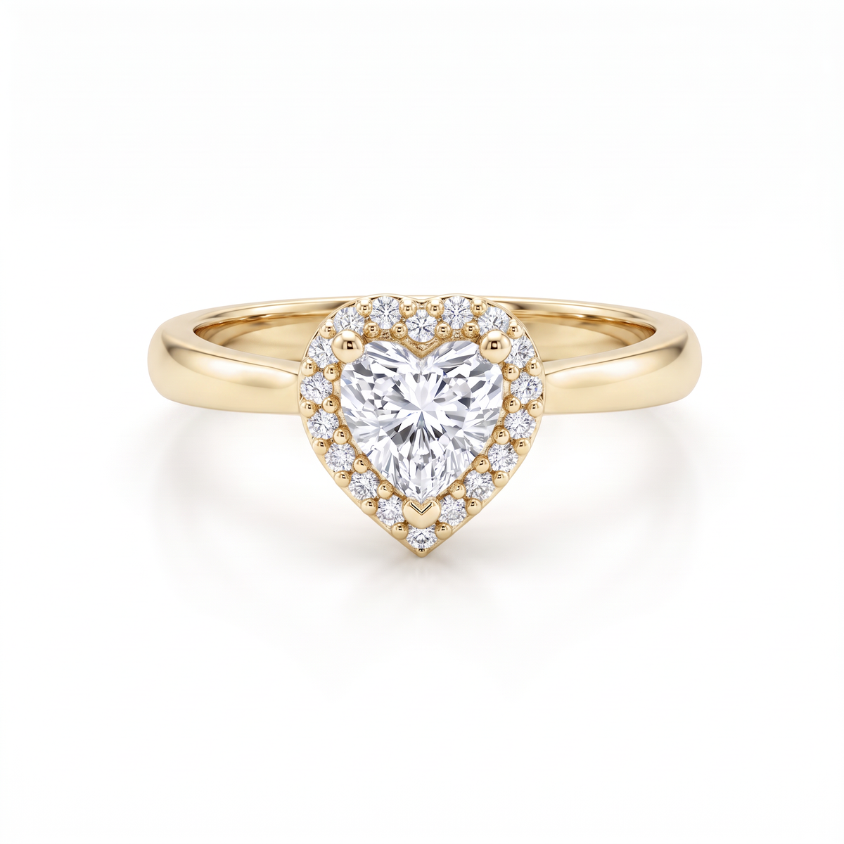 Heart-shaped Lab-Grown Diamond halo ring in 14K yellow gold, front view