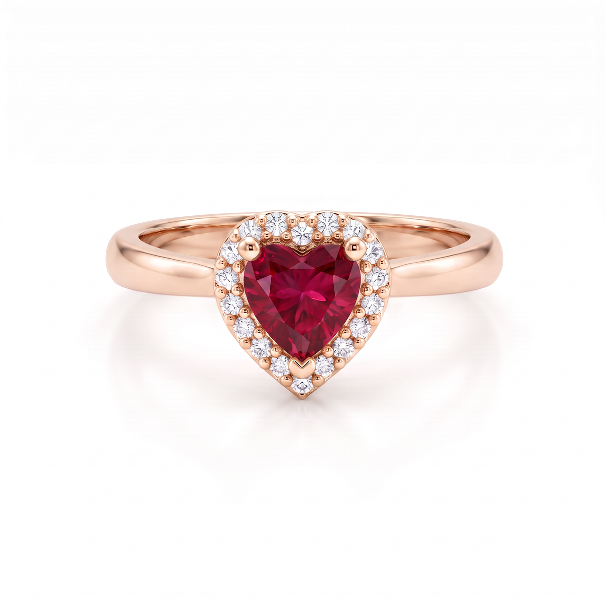 Heart-shaped Lab-Created Ruby halo ring with Lab-Grown Diamonds in 14K rose gold, front view
