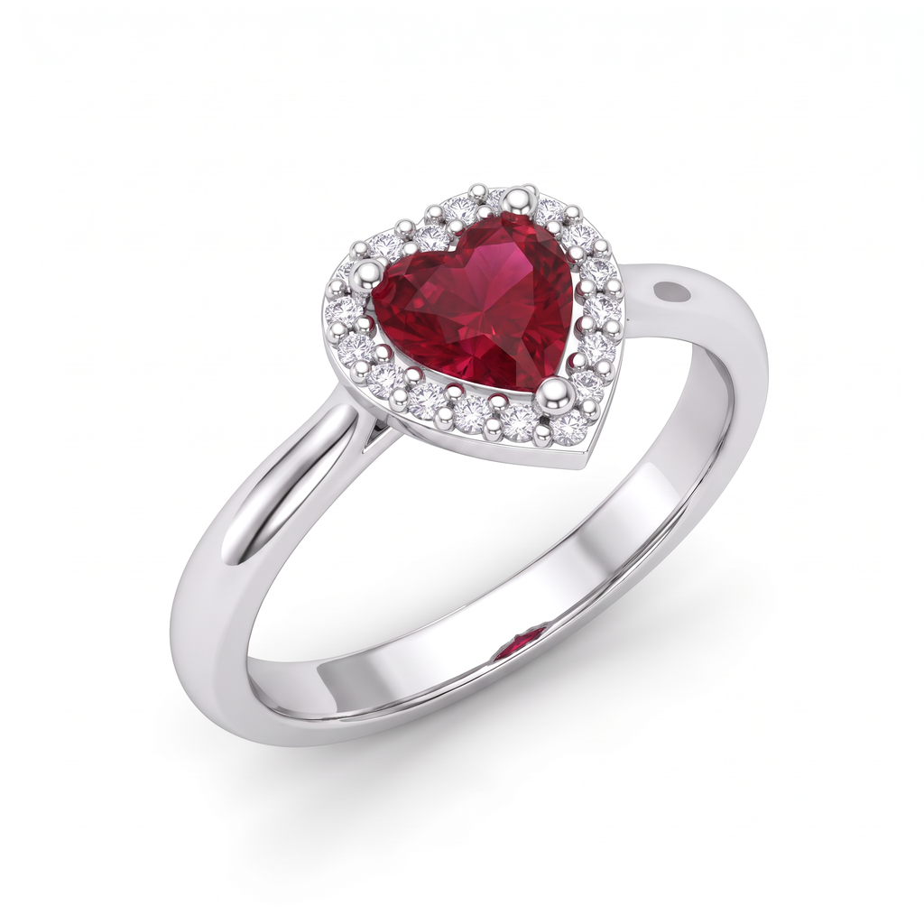 Angled view of a heart-shaped Lab-Created Ruby halo ring on a 2.5mm 14K white gold band