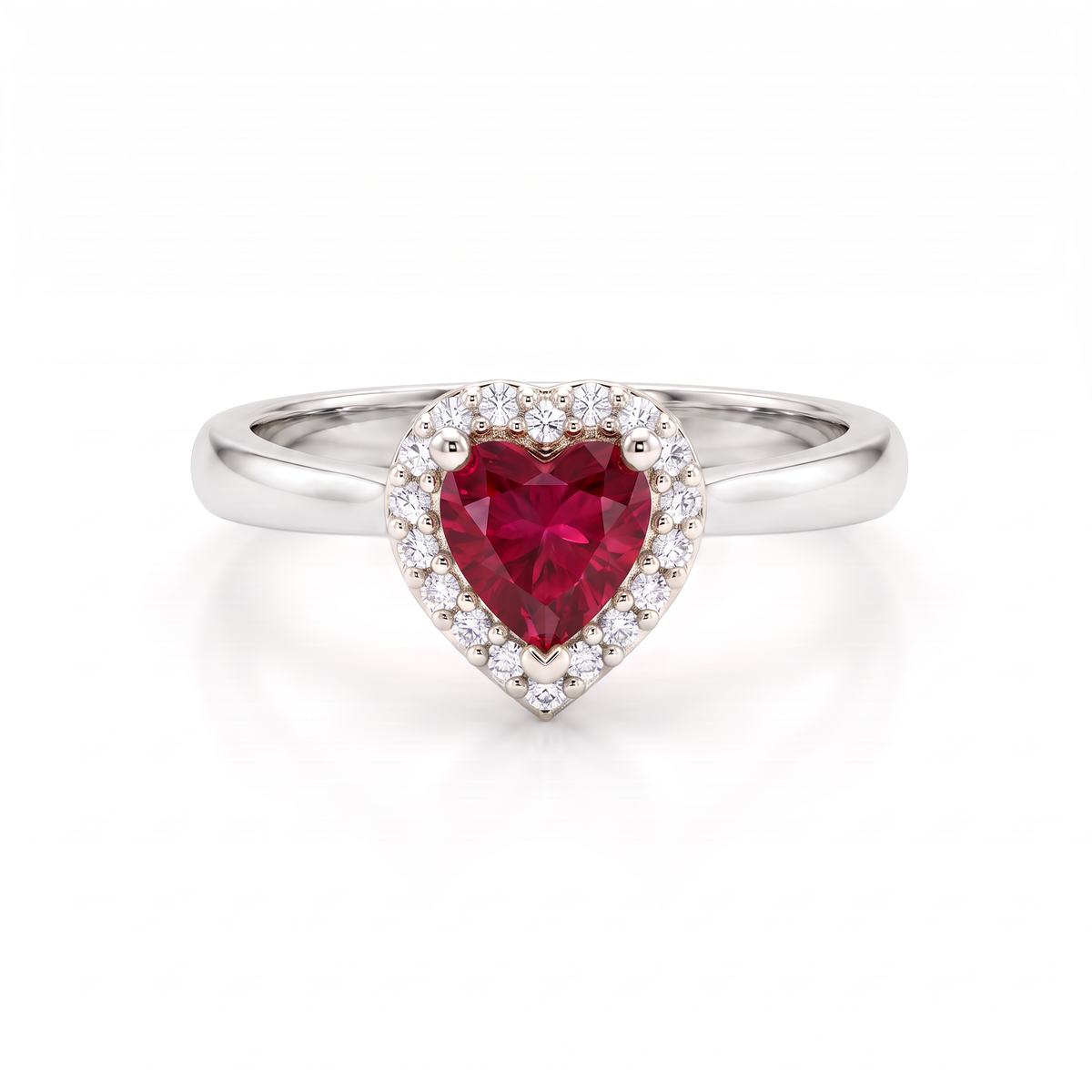 Heart-shaped Lab-Created Ruby halo ring with Lab-Grown Diamonds in 14K white gold, front view
