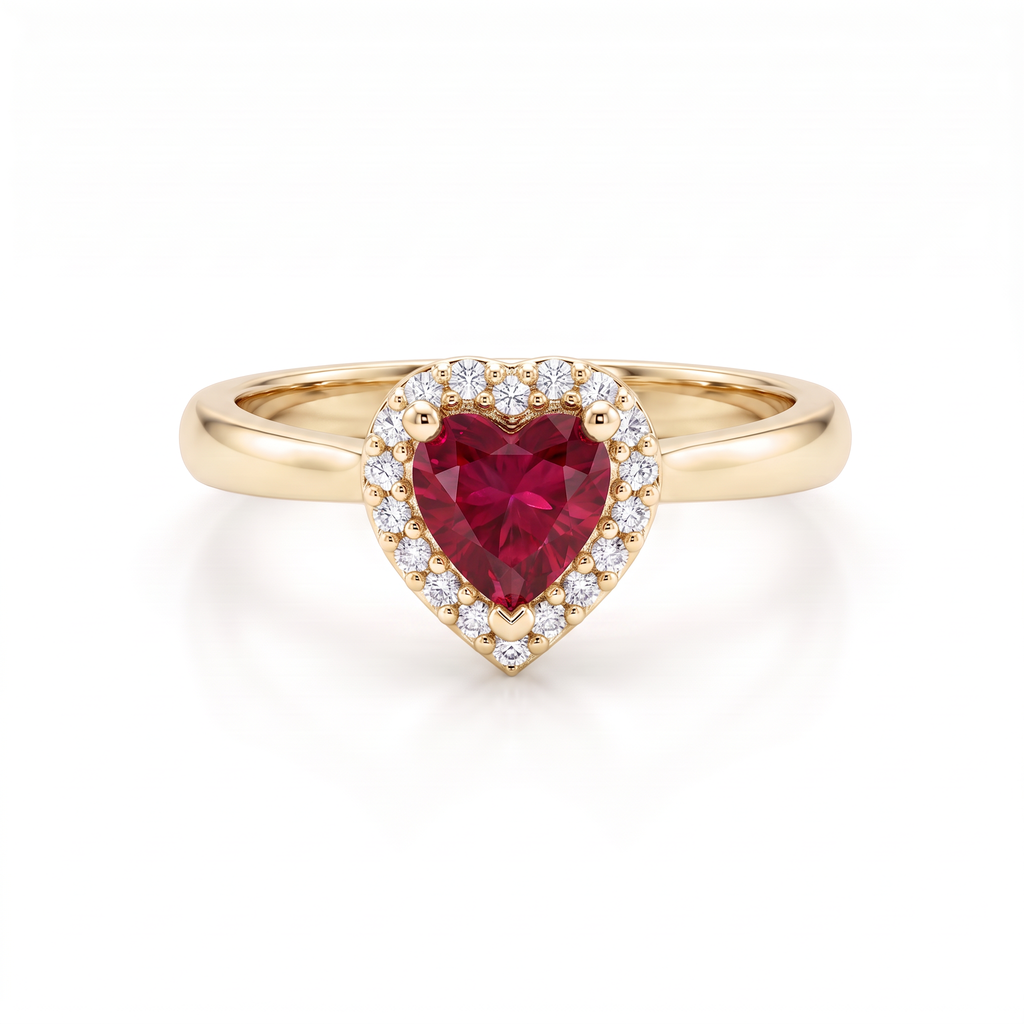 Heart-shaped Lab-Created Ruby halo ring with Lab-Grown Diamonds in 14K yellow gold, front view