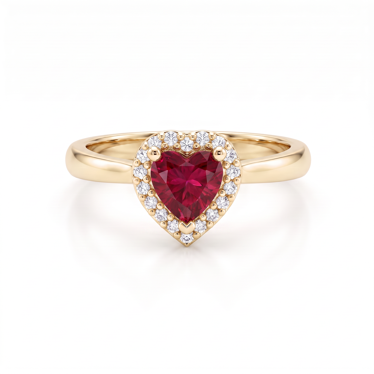 Heart-shaped Lab-Created Ruby halo ring with Lab-Grown Diamonds in 14K yellow gold, front view