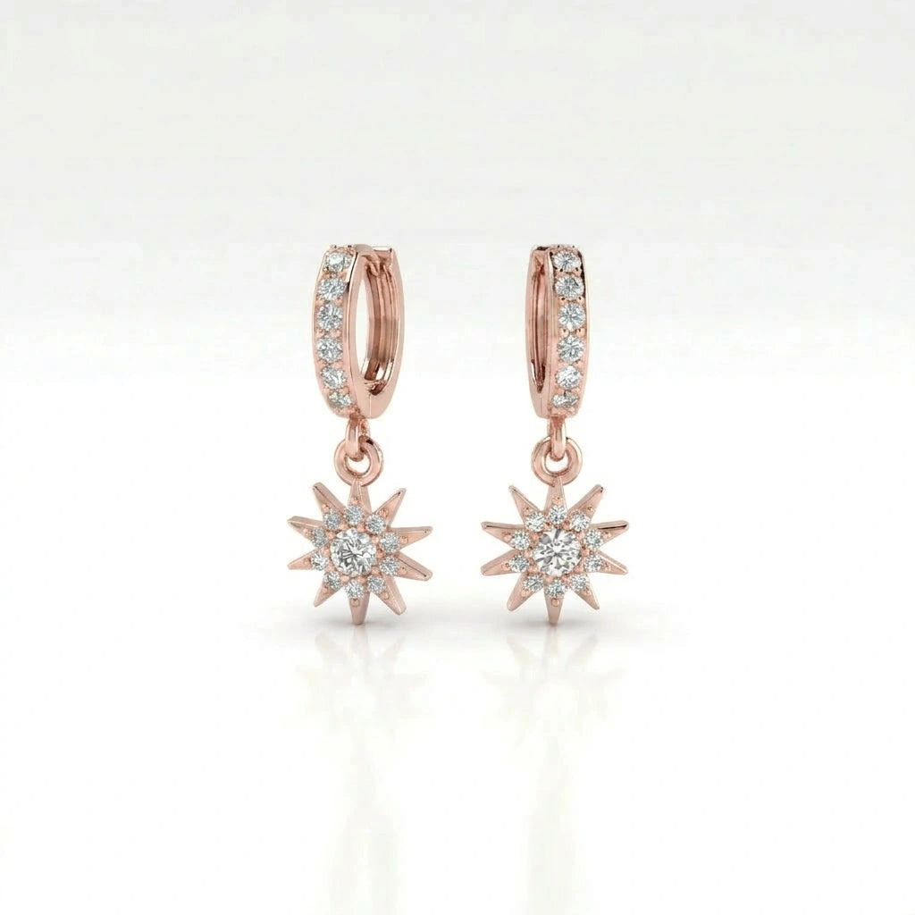 Helion diamond starburst hoop earrings in 14k rose gold featuring diamond pavé hoops and starburst drop