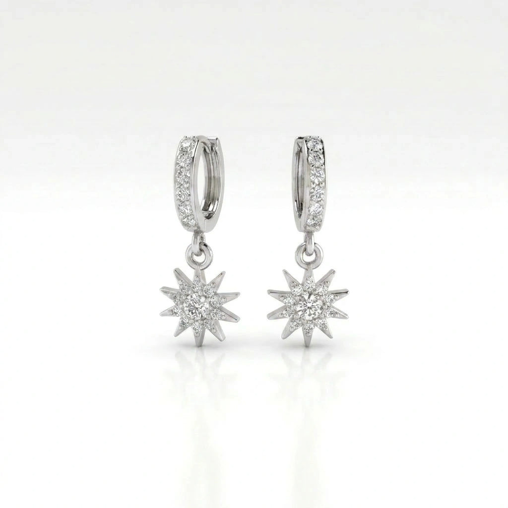 Helion diamond starburst hoop earrings in 14k white gold with diamond-set hoops and radiant sunburst pendant