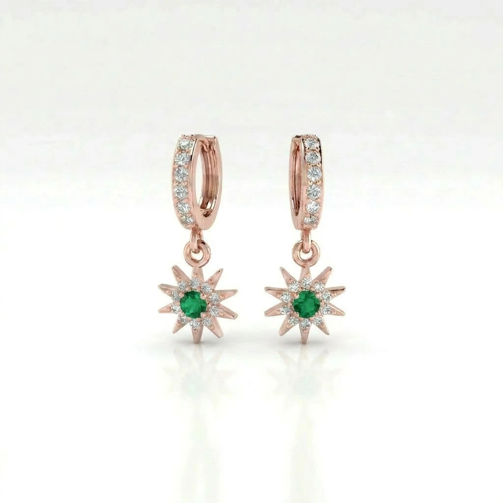 Helion emerald starburst hoop earrings in 14k rose gold featuring green center stone and diamond halo starburst design