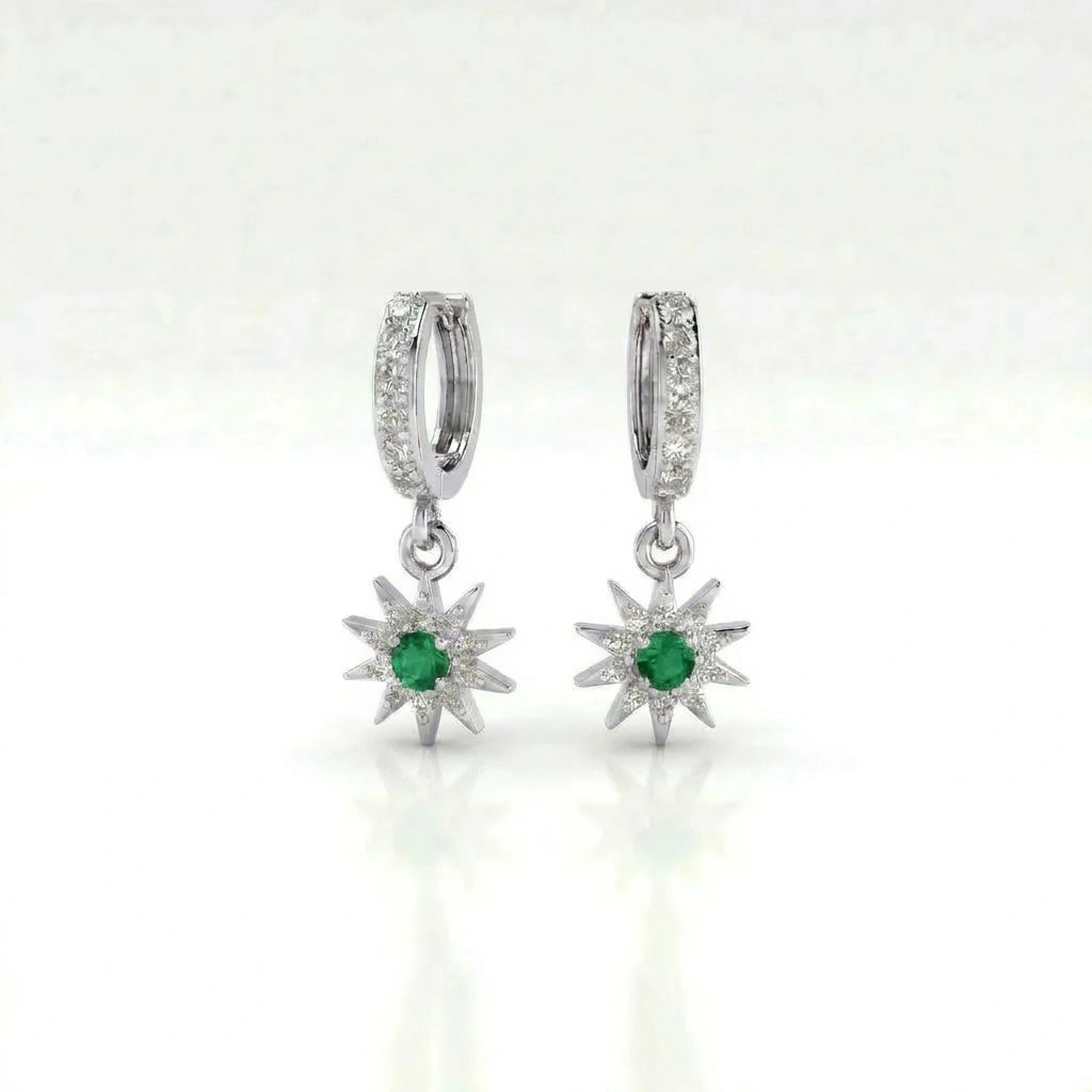 Helion emerald starburst hoop earrings in 14k white gold with green center stone and diamond pavé sunburst drop