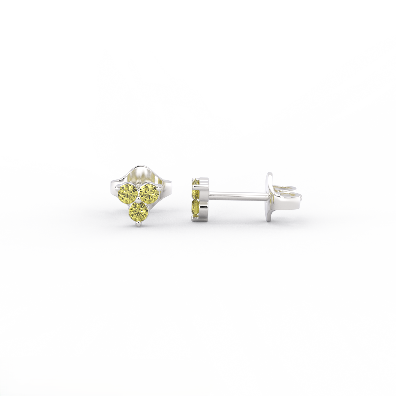 Helios cluster citrine stud earrings in solid 14K white gold featuring a trio of round citrine stones in a cluster setting, front and side view