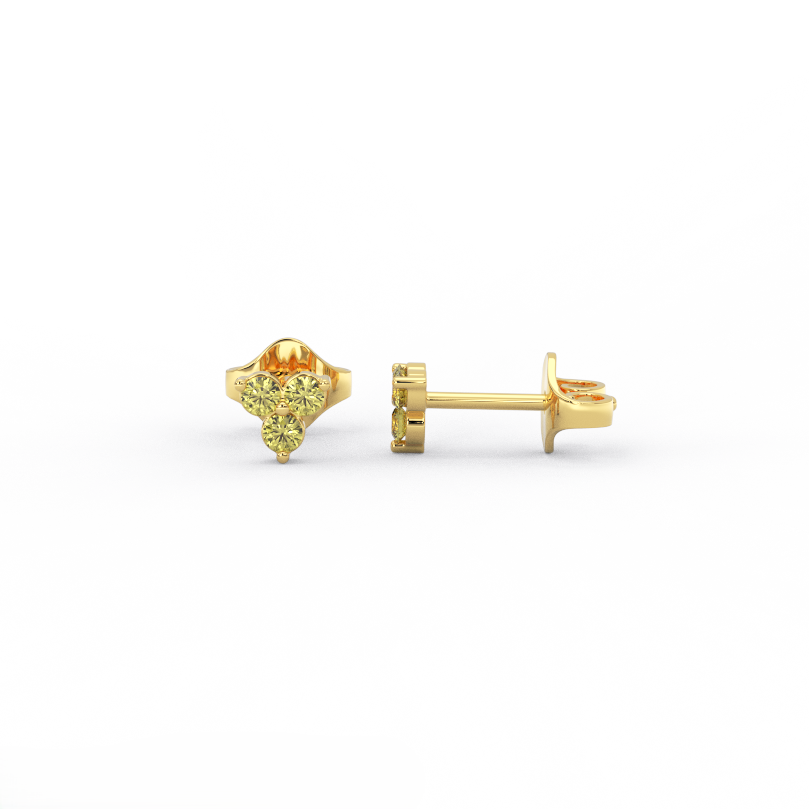 Helios cluster citrine stud earrings in solid 14K yellow gold with three round citrine stones in a minimalist cluster design, front and side view
